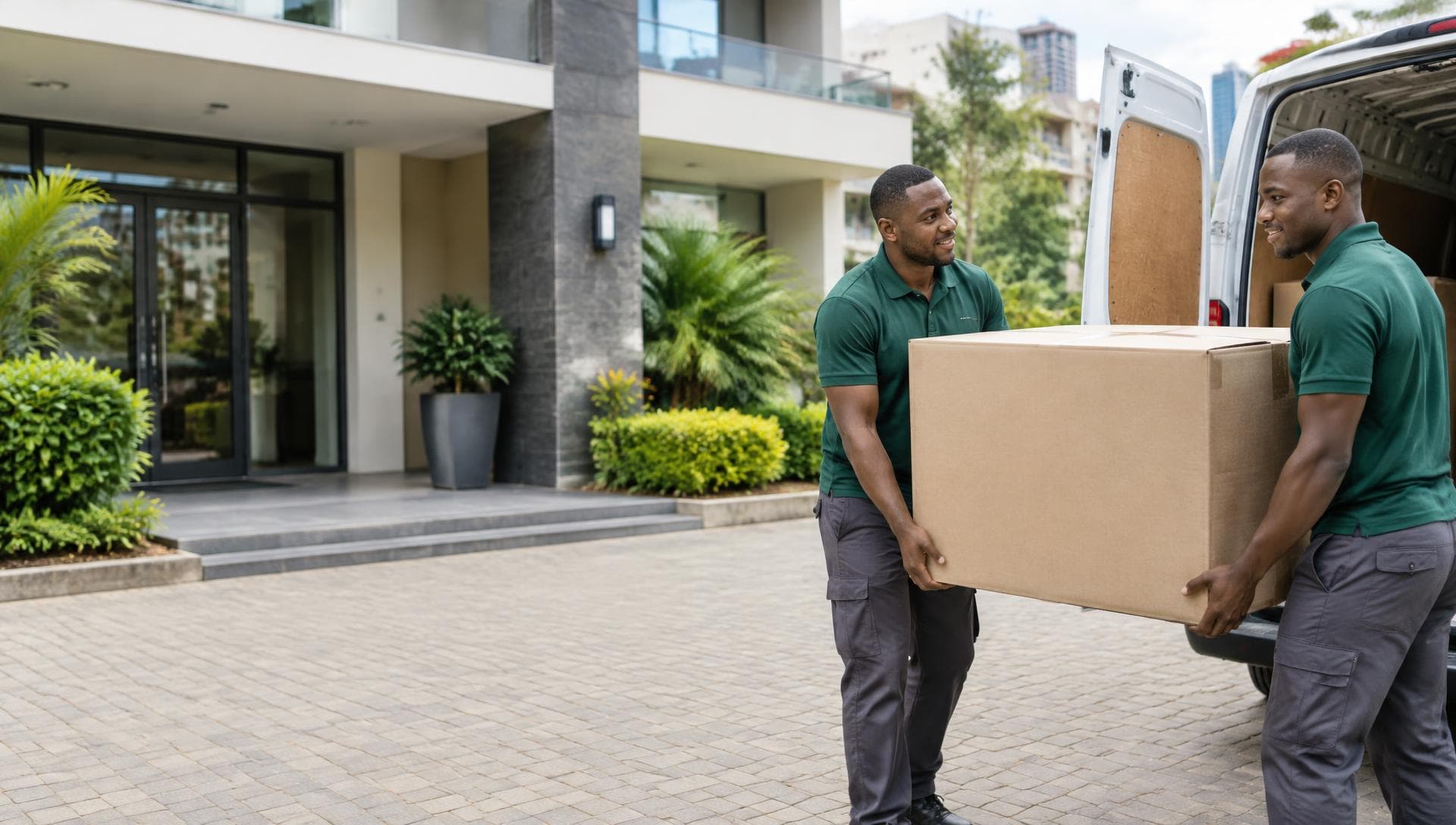 Movers carefully carrying a box beside a van in Nairobi
