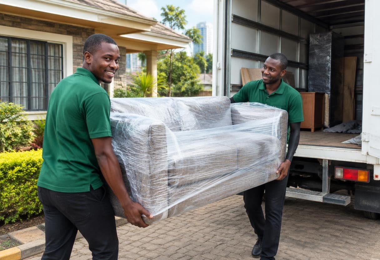 Movers loading carefully protected furniture
