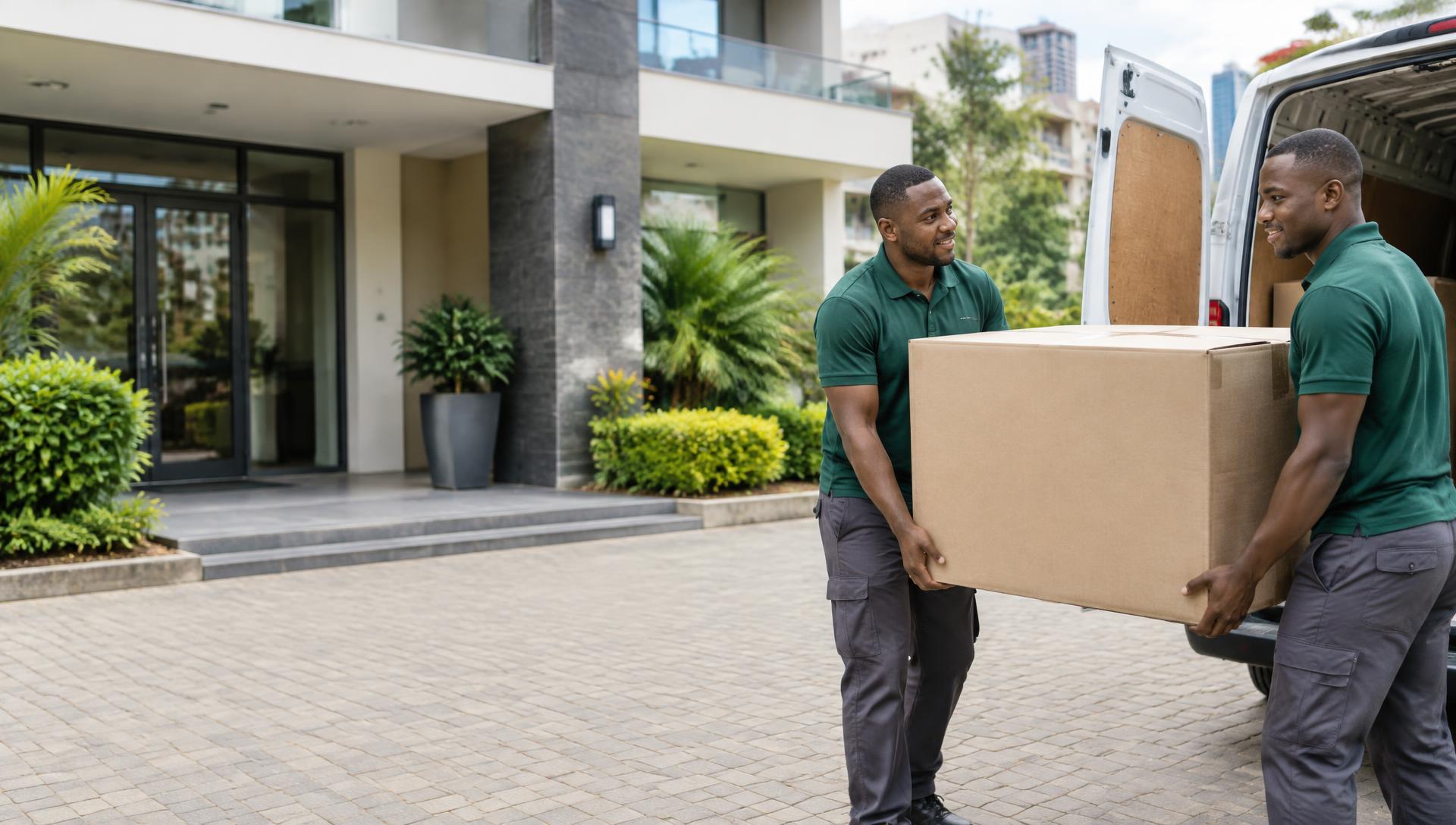 Movers carrying a box beside a moving van